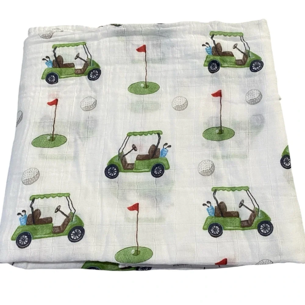 Lolly Banks Muslin Swaddle Blanket Cotton Gauze Green White Golf Theme